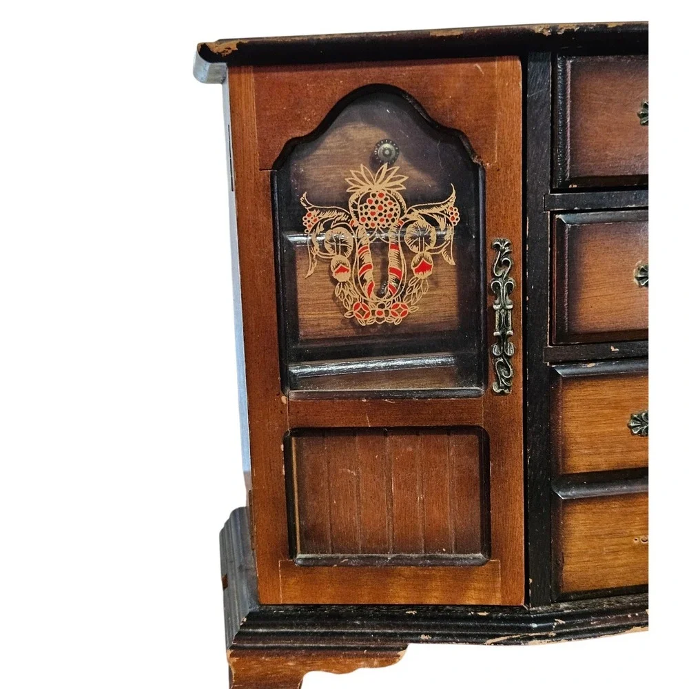 Vintage MCM Wooden Jewelry Armoire Etched Glass Doors & 4 Drawers Dresser 10.5